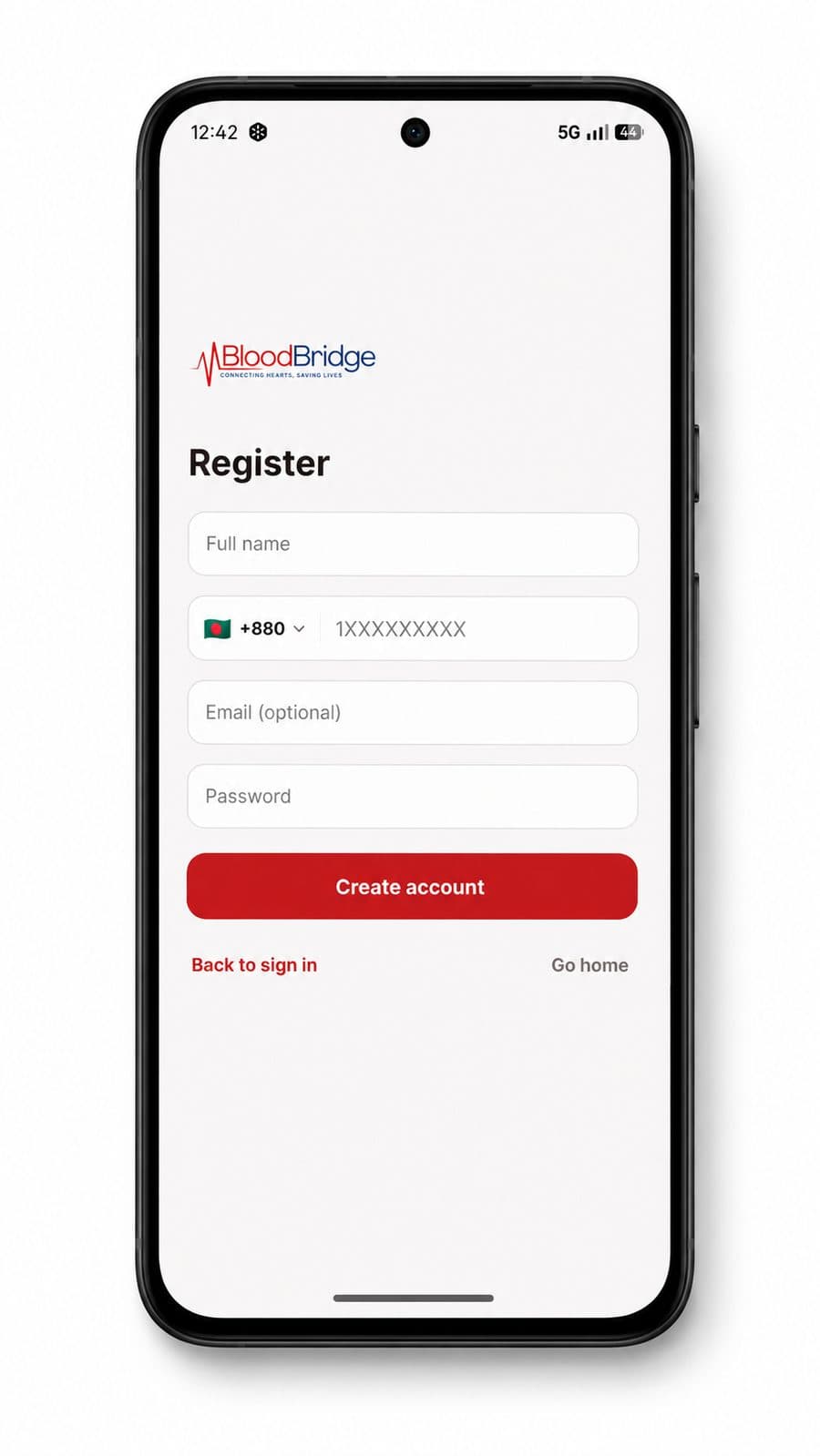 BloodBridge registration screen
