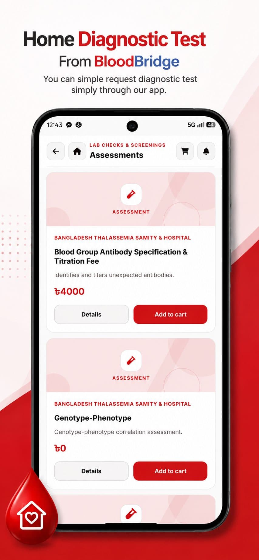 BloodBridge Assessments screen