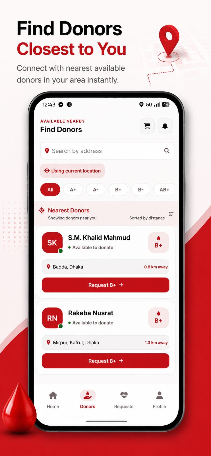 BloodBridge Find Donors screen